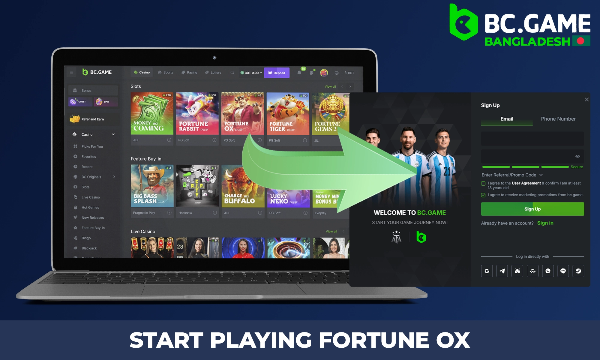 How do I start playing Fortune Ox on BC Game?