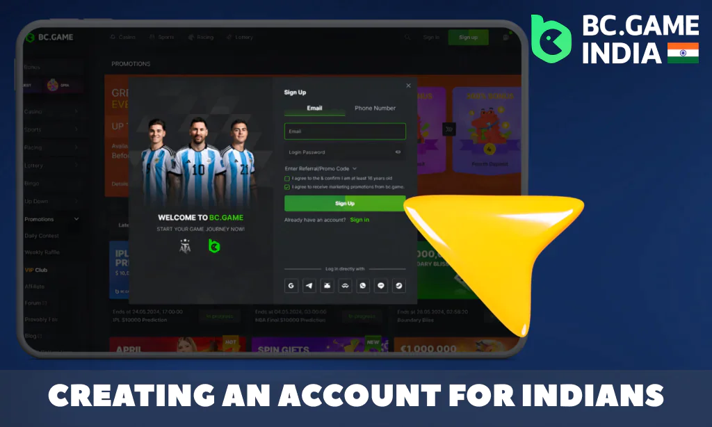 Instructions for registering at BC Game crypto casino